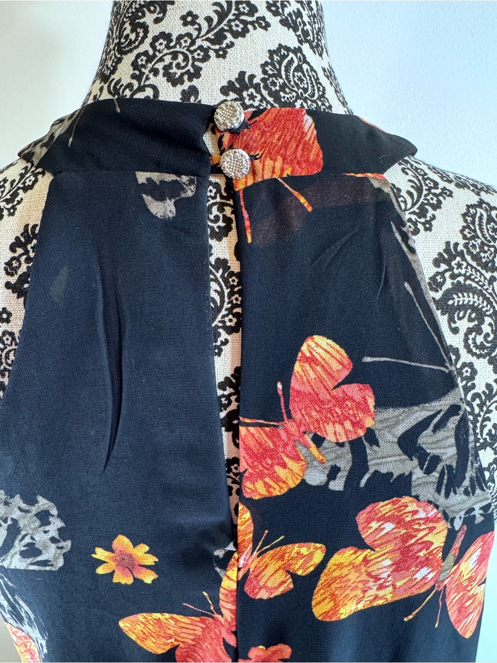 One Clothing Butterfly Black Halter Mini Dress with Pink & Yellow Print size LG - Picture 7 of 10